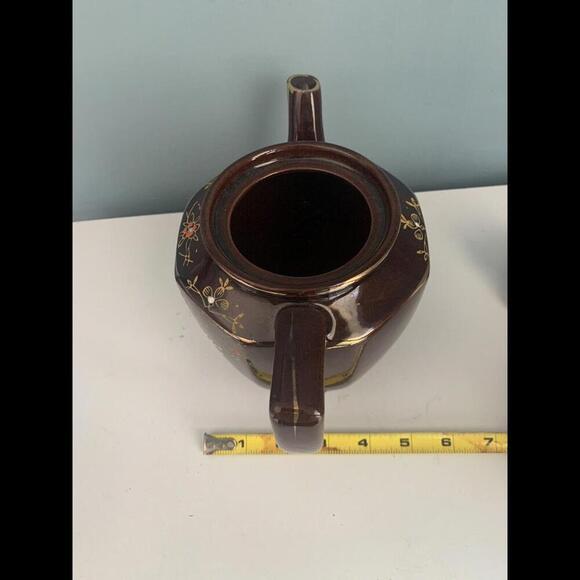Vintage Brown Betty Redware Hand Painted Teapot Made in Japan Gold Red White - Picture 10 of 12